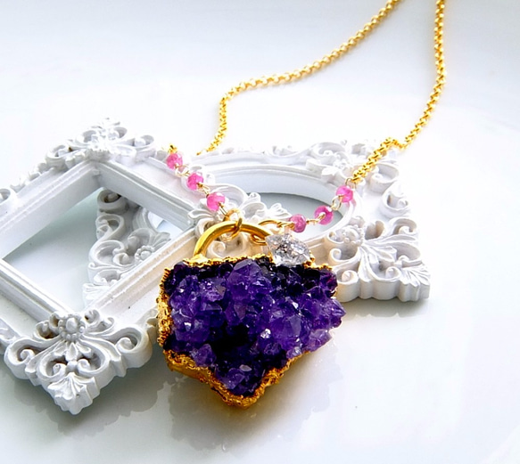 紫水晶串和Herkimer鑽石項鍊*電鑄珠寶 第2張的照片