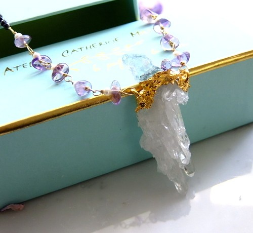 水晶クラスターとアクアマリン原石ネックレス　　エレクトロフォーミング