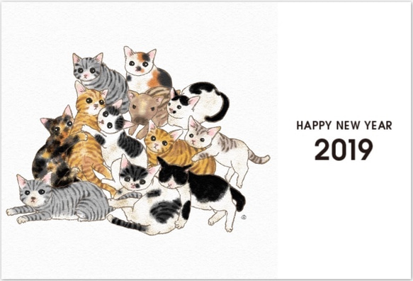 色を選べる2019年賀状Ver.2　11匹の猫とうりぼう ＜22枚セット＞　送料無料 1枚目の画像