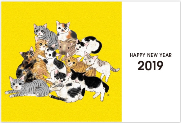 色を選べる2019年賀状Ver.2　11匹の猫とうりぼう ＜22枚セット＞　送料無料 2枚目の画像