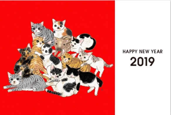 色を選べる2019年賀状Ver.2　11匹の猫とうりぼう ＜22枚セット＞　送料無料 3枚目の画像