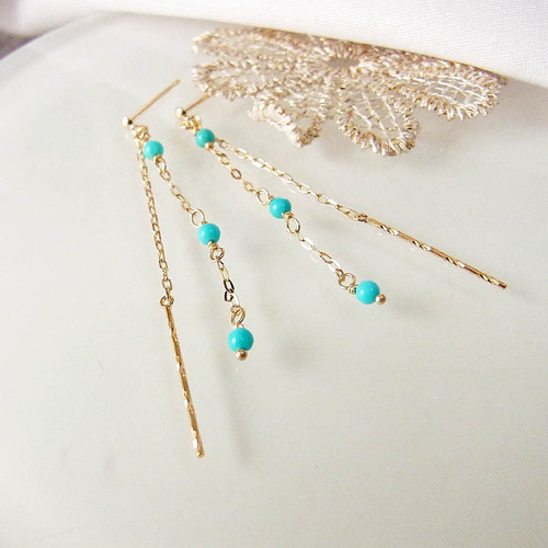 K18 ターコイズ 2連チェーン ロング ピアス ピアス（フック・チェーン