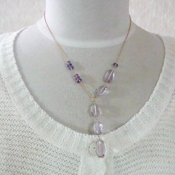 K18 綺麗な ピンクアメジスト Y字ロングネックレス