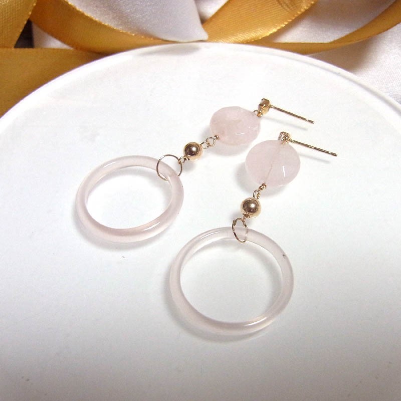 K10　ローズクォーツと瑪瑙 ロング ピアス