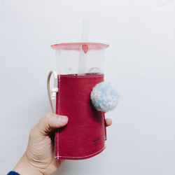 [カレーバッグ]ワインレッドカップバッグ+浅い水青ボールクラフト紙両面デザイン飲料バッグカップセットレザースキンラベル印刷名（英 2枚目の画像