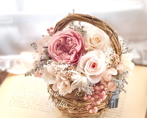 HANDMADE プリザーブドフラワー アレンジメント 花籠 薔薇 薔薇とカーネーション プリザーブドフラワー 花籠 フラワー