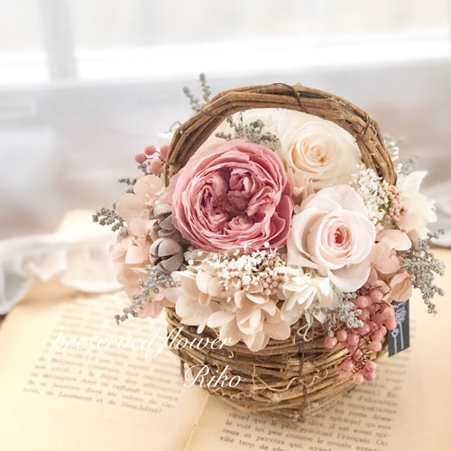 プリザーブドフラワー＊クラウドピンク籠アレンジ＊お誕生日＊フラワー