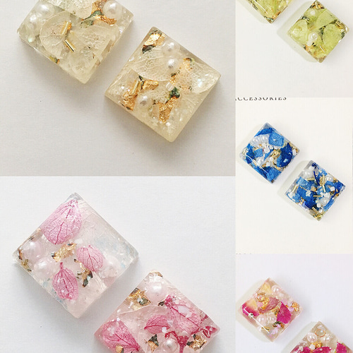 ピアス イヤリング レジン 四角 ドライフラワー カラフル デザイン