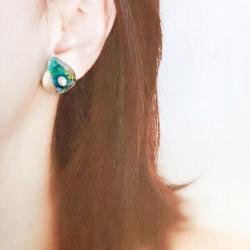 □シーグラス□淡水パール ピアス イヤリング 一点物 グリーン 【252 