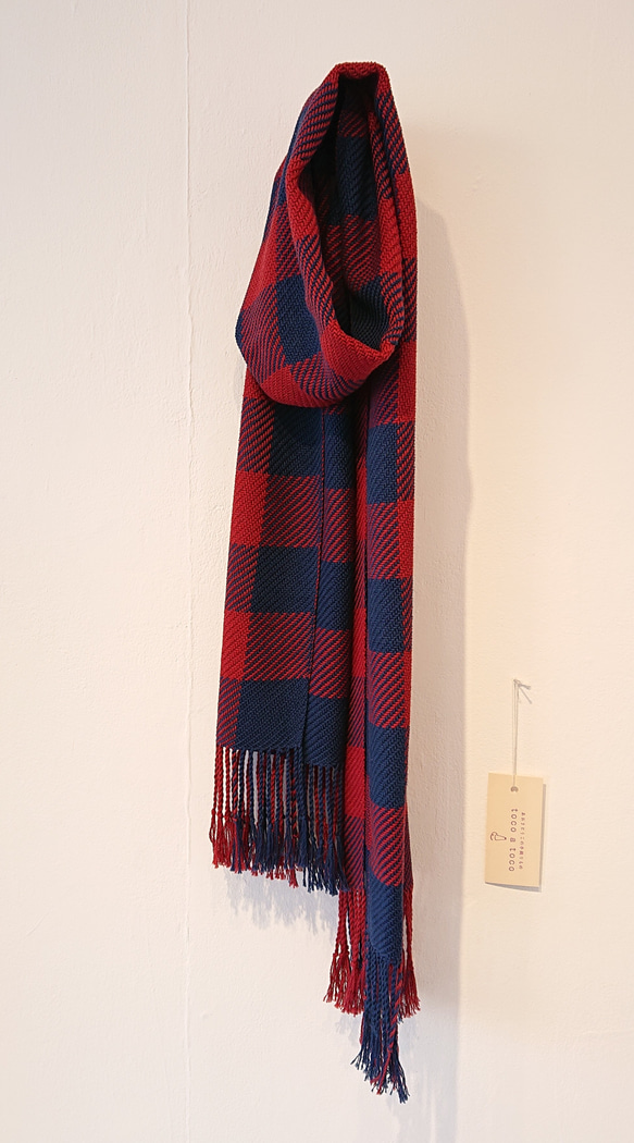 手織り・綾織りブロックチェック・シルクコットンのストール 1枚目の画像