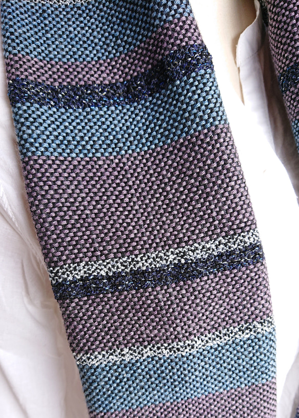 手織り・コットンウールのボーダーストール・送料無料 5枚目の画像
