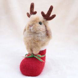 クリスマスブーツなトナカイうさぎさん  ホーランドロップイヤー  羊毛フェルト   オレンジ 1枚目の画像