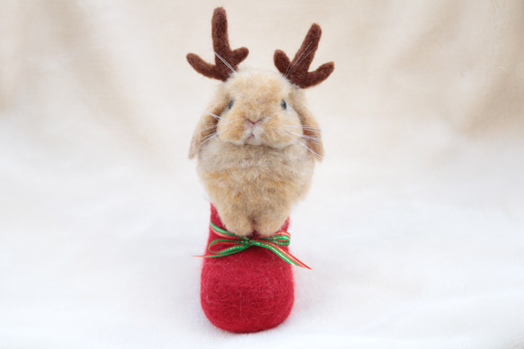 クリスマスブーツなトナカイうさぎさん  ホーランドロップイヤー  羊毛フェルト   オレンジ 4枚目の画像