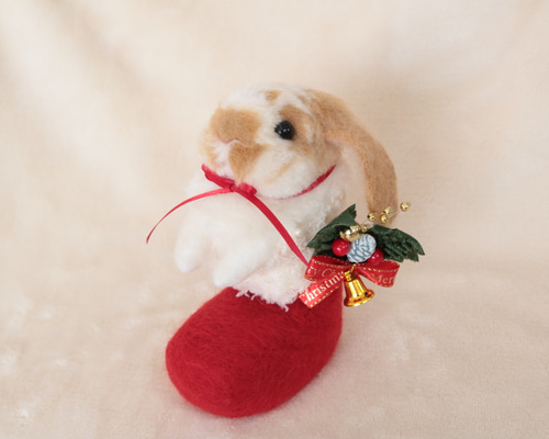 クリスマスブーツなうさぎさん ホーランドロップイヤー 羊毛フェルト