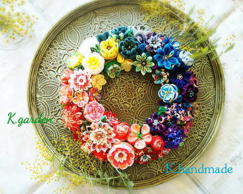 美品】 赤紫 紫リース リース つまみ細工 母の日 つまみ