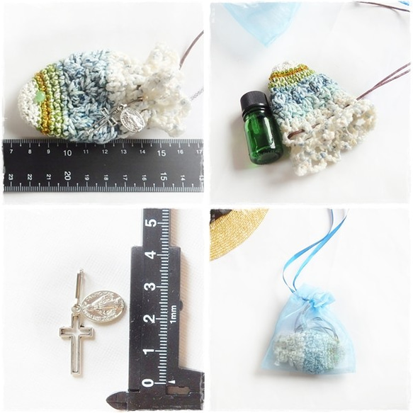 Fish Crochet；ネックレス 巾着袋 ホワイト グリーン ブルー・お守り袋 福袋 金魚 3枚目の画像