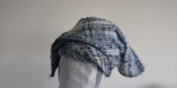 手織りの布でマフラー帽子（紺白） 6枚目の画像