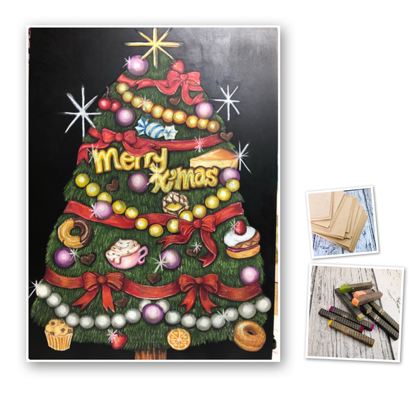 額縁クリスマスツリー　アクリル画　24㎝　原画　絵画　手描き額縁アート 額縁クリスマスツリー アクリル画 24㎝ 原画 絵画 手描