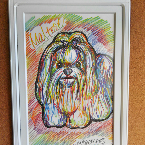 sold-out】マルチーズ⭐レインボーアート原画(額付き)インテリア 