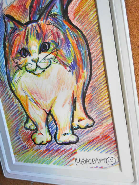 【sold-out】メインクーン猫⭐レインボーアート原画(額付き)インテリアイラスト 2枚目の画像