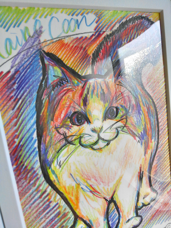 【sold-out】メインクーン猫⭐レインボーアート原画(額付き)インテリアイラスト 3枚目の画像