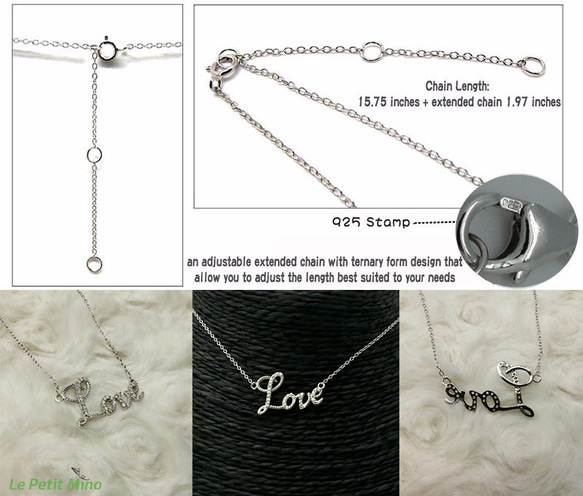 925 Silver Necklace Bling Cursive Love Pendant Platinum-Clad 9枚目の画像