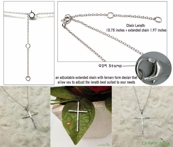 925 Silver Cross Necklace Four sided mounted Round Zircon 7枚目の画像