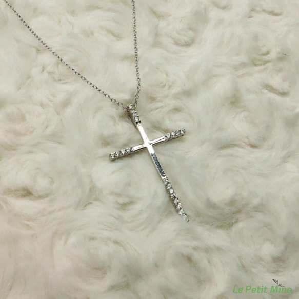 925 Silver Cross Necklace Four sided mounted Round Zircon 8枚目の画像
