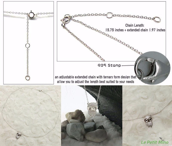 Lovely Owl 925 Silver Necklace Zircon Pendant Platinum-Clad 10枚目の画像