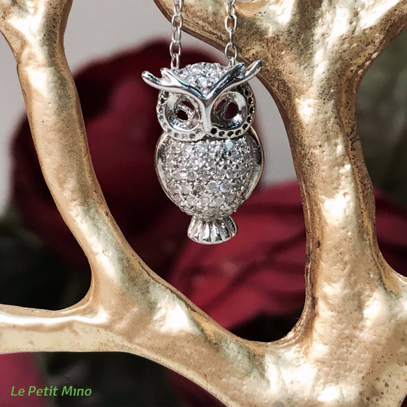 Squinted Owl 925 Silver Necklace Zircon Pendant 2枚目の画像