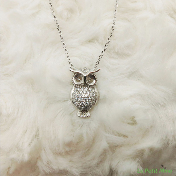 Squinted Owl 925 Silver Necklace Zircon Pendant 3枚目の画像