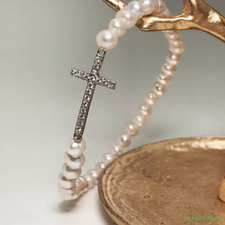 925 Sterling Silver Bling Sparkle Pearl Chain Cross Bracelet 1枚目の画像