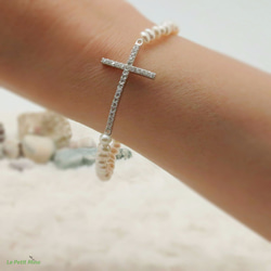 925 Sterling Silver Bling Sparkle Pearl Chain Cross Bracelet 3枚目の画像