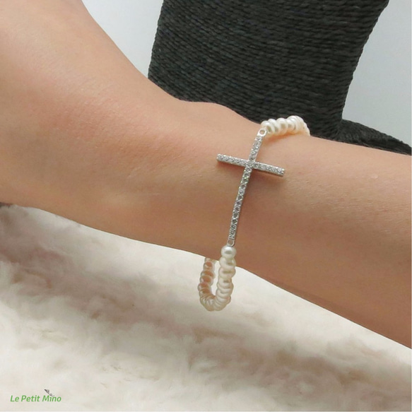 925 Sterling Silver Bling Sparkle Pearl Chain Cross Bracelet 7枚目の画像