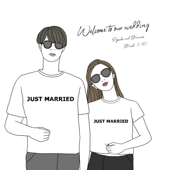 ガーリーでモードおしゃれな似顔絵　ウェルカムボード　結婚式　オーダーメイド　nigaoe002 一度描いていただいた似顔絵を 席次表　メニュー表　タペストリー　タグ　シール　芳名帳　など　様々なものに加工可能です #結婚記念日