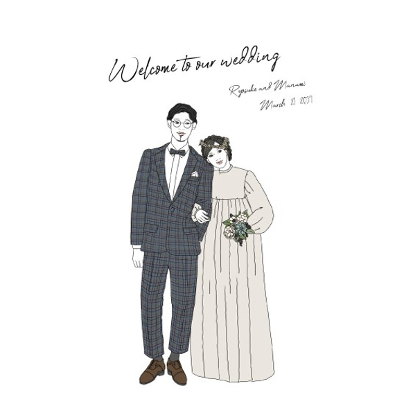 ガーリーでモードおしゃれな似顔絵　ウェルカムボード　結婚式　オーダーメイド　nigaoe002 一度描いていただいた似顔絵を 席次表　メニュー表　タペストリー　タグ　シール　芳名帳　など　様々なものに加工可能です #結婚記念日