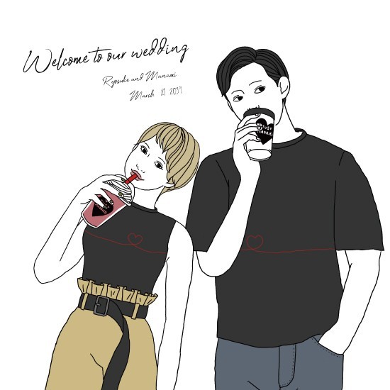 ガーリーでモードおしゃれな似顔絵　ウェルカムボード　結婚式　オーダーメイド　nigaoe002