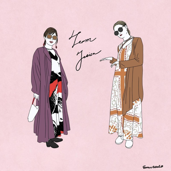 ガーリーでモードおしゃれな似顔絵　ウェルカムボード　結婚式　オーダーメイド　nigaoe002 一度描いていただいた似顔絵を 席次表　メニュー表　タペストリー　タグ　シール　芳名帳　など　様々なものに加工可能です #結婚記念日