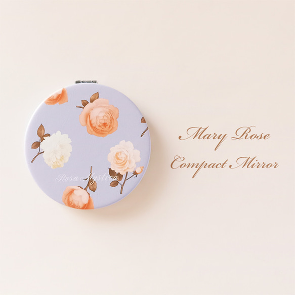 【予約】コンパクトミラー Mary Rose パウダーブルー＆アプリコットピンク 花 ローズ バラ 折り畳み 拡大鏡 1枚目の画像
