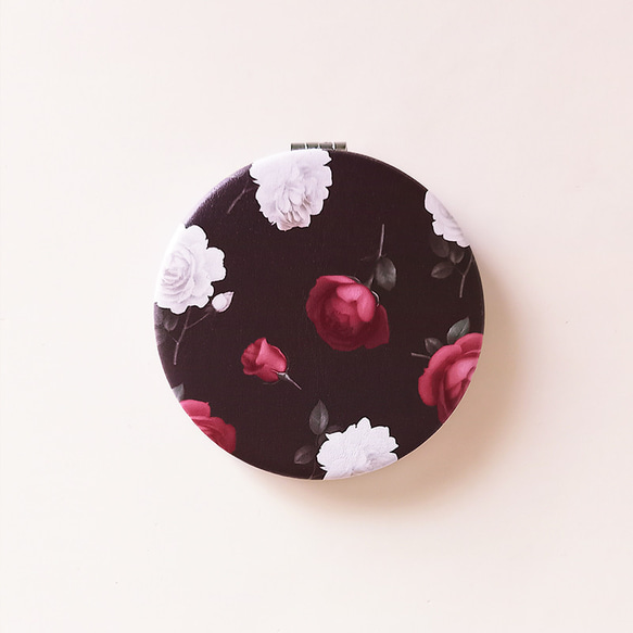【予約】コンパクトミラー Mary Rose チャコール＆ボルドー 花 ローズ バラ 折り畳み 拡大鏡 3枚目の画像