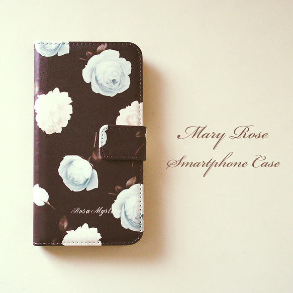 受注制作 手帳型iPhoneケース MaryRose ブラウン ブルー チョコミント 茶 花 ローズ 手帳型スマホケース 1枚目の画像