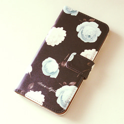 受注制作 手帳型iPhoneケース MaryRose ブラウン ブルー チョコミント 茶 花 ローズ 手帳型スマホケース 4枚目の画像