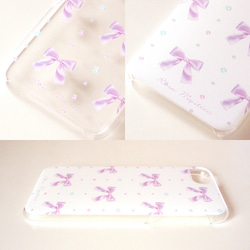 名入れ可 受注制作 iPhoneカバー リボンと宝石 紫 ラベンダー クリア 白 ハード ソフトケース 5枚目の画像