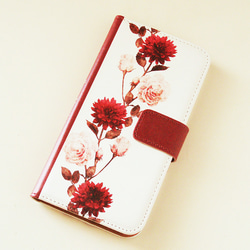 名入れ可 受注制作 手帳型iPhoneケース ダリア＆ローズ antique red 花 バラ 赤 紅 5枚目の画像