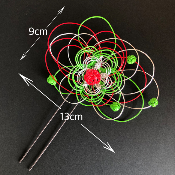 ヘアピン 髪飾り 水引34 フラワー 梅 ポップカラー 緑 赤 シルバー 3枚目の画像
