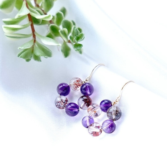 K18 超級七花 花朵狀耳環或耳環 天然石材 美麗紫色 第1張的照片