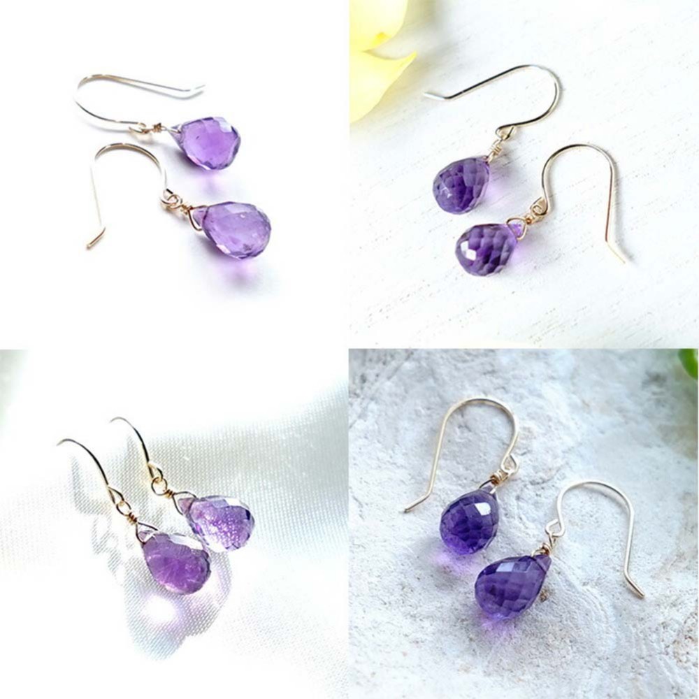 K18 アメジスト ドロップ ピアス or イヤリング 天然石 美しいパープル