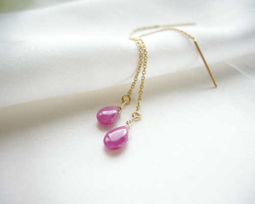 14kgf ルビー チェーン アメリカンピアス 天然石 ピアス（フック