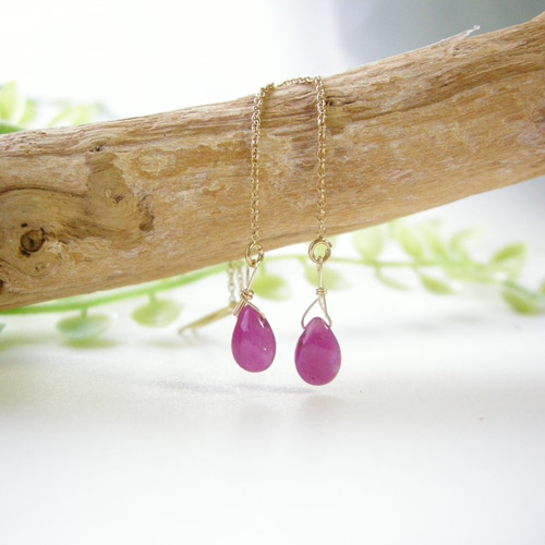 14kgf ルビー チェーン アメリカンピアス 天然石 ピアス（フック