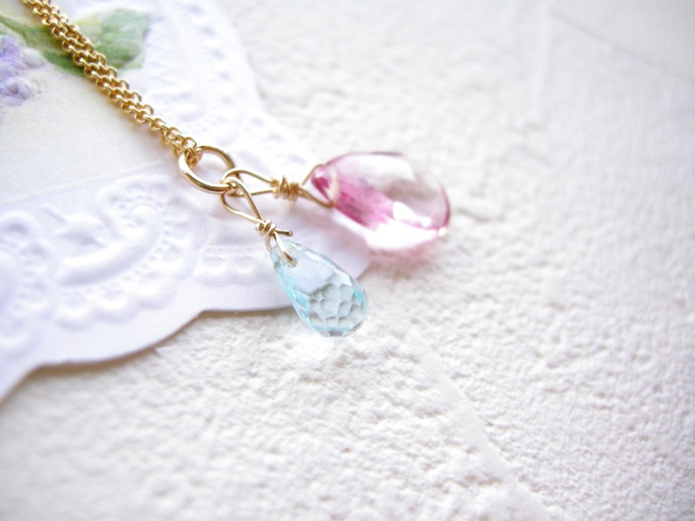 14kgf ピンクトパーズ ＆ ブルートパーズ ネックレス 天然石